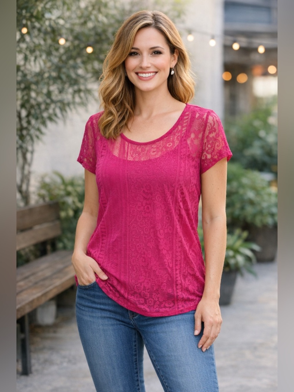INC Pink Short Sleeve Lace Scoop Neck Top with Inside Camisole - Size M